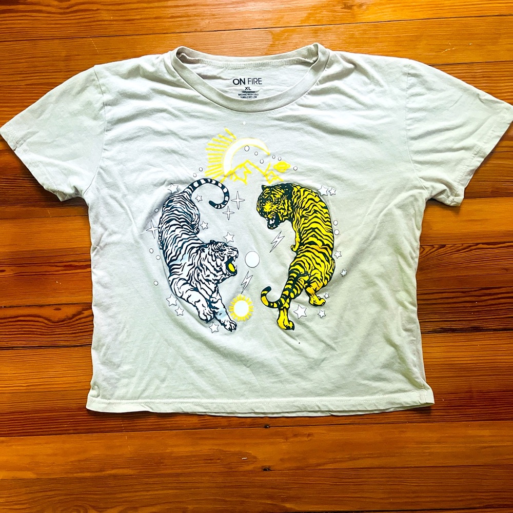 On Fire Beige Tee with Yellow and White Tiger Graphic